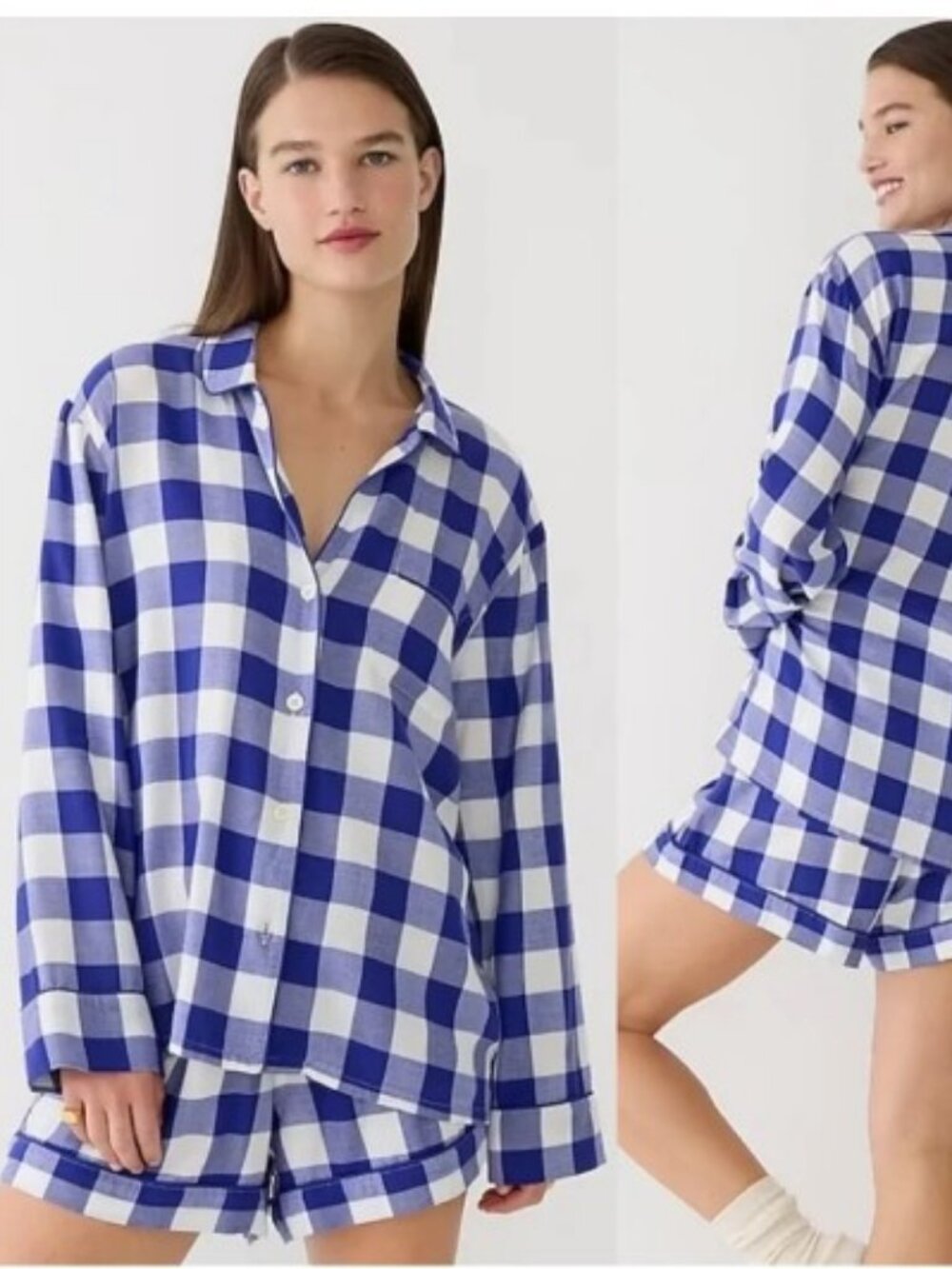 J. Crew Long-Sleeve Flannel Short Set Buffalo Check M Blue